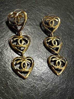 ChaneI Vintage Floating Hearts Gold Tone Dangle Letter Logo Earrings